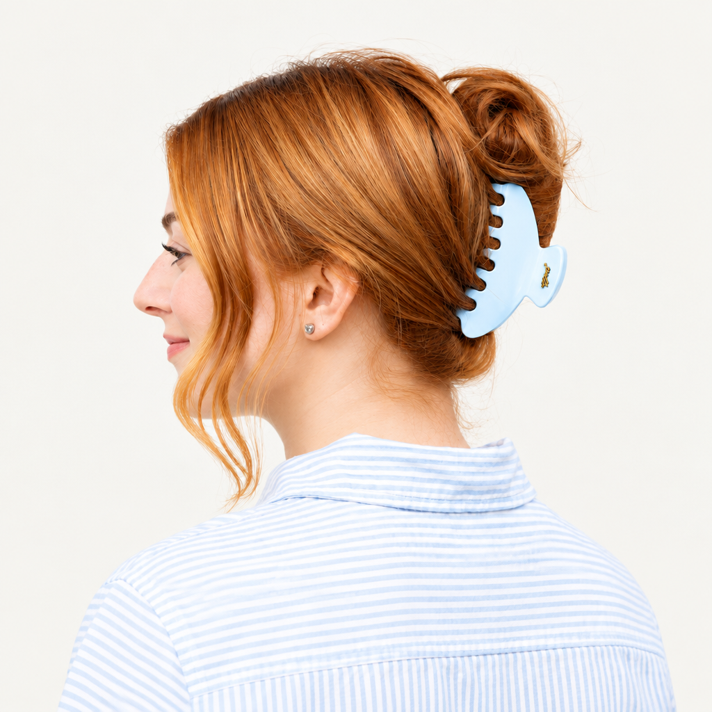 Portland hair stylist devon wearing yello salon skyline icy blue hair claw